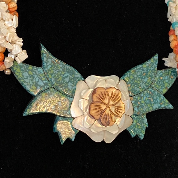Vintage Tropical Floral Statement Necklace 24” Mother of Pearl Tiki Retro - Picture 6 of 8